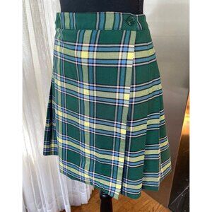 Vintage 80s skirt, pleated, green yellow blue pink plaid, school uniform, 2 (XS)